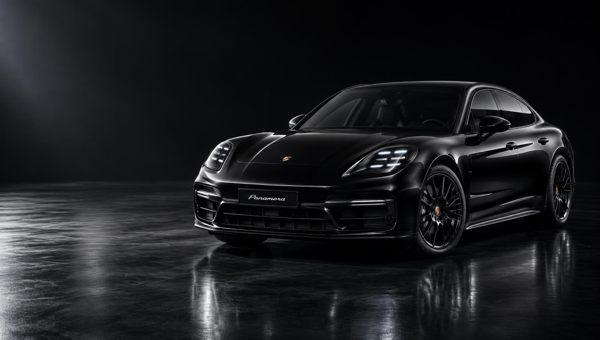 Zwarte Porsche Panamera in een donkere studio (sfeerbeeld)